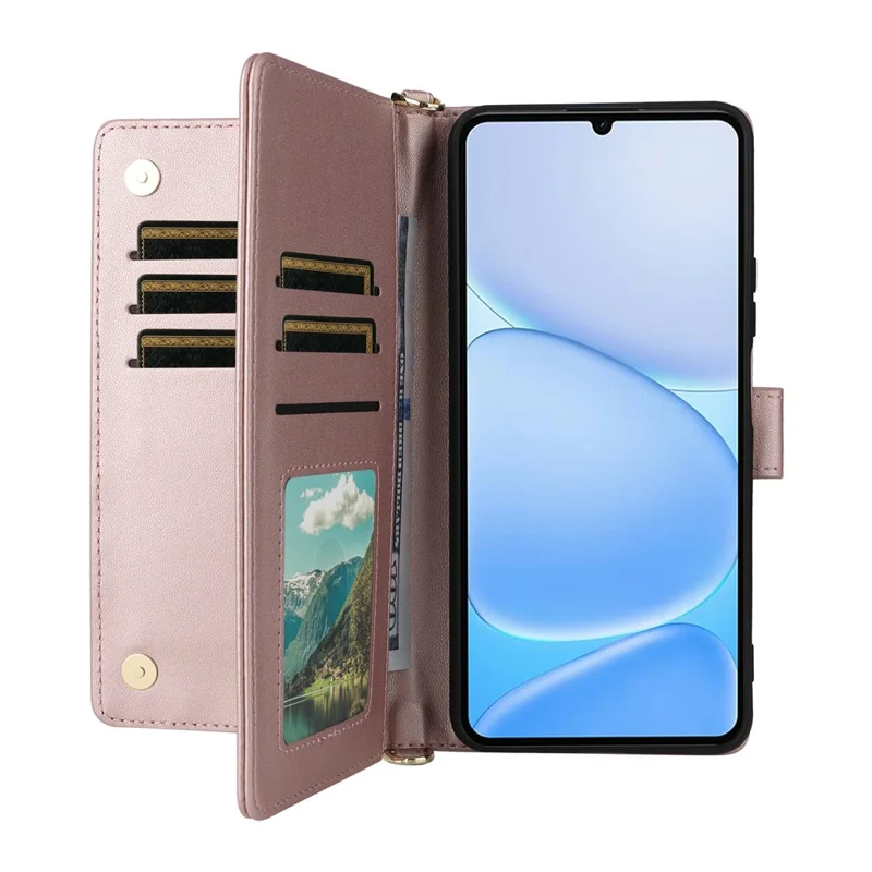 For Realme Note 80 4G Leather Case Stand Wallet Phone Cover with Shoulder  /  Wrist Strap - Pink