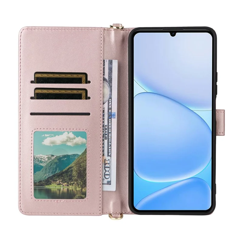 For Realme Note 80 4G Leather Case Stand Wallet Phone Cover with Shoulder  /  Wrist Strap - Pink