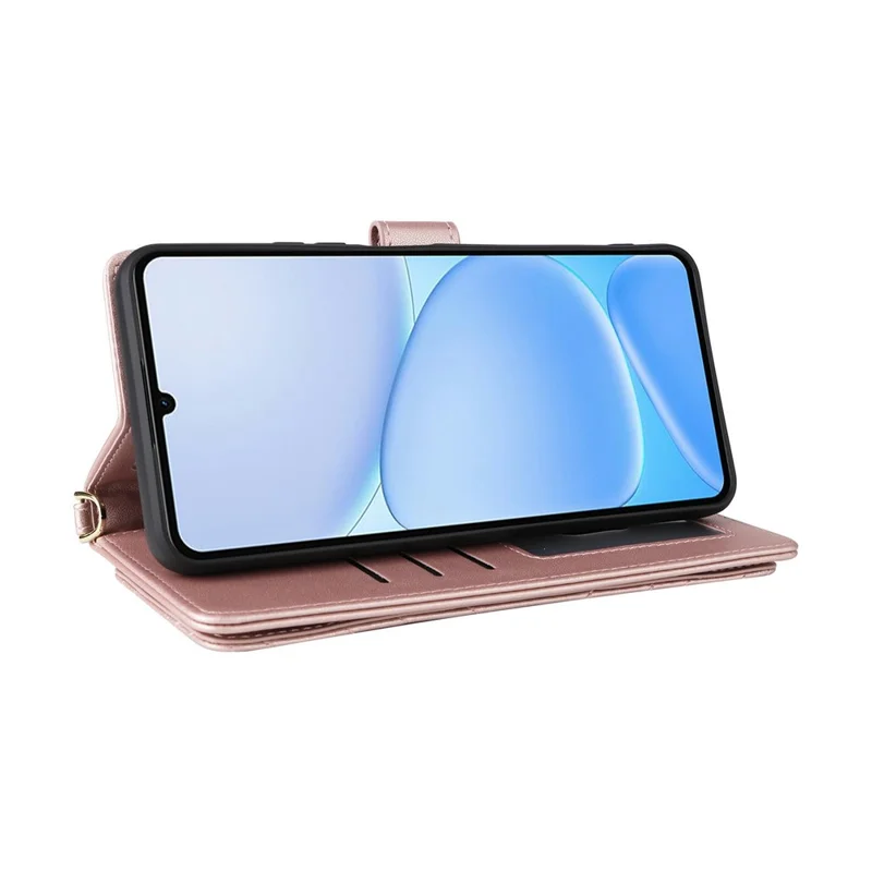 For Realme Note 80 4G Leather Case Stand Wallet Phone Cover with Shoulder  /  Wrist Strap - Pink