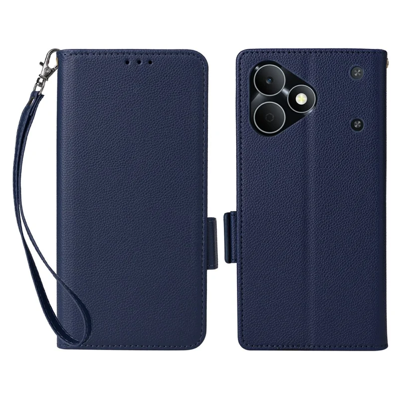 For Realme Note 80 4G Case Litchi Texture Wallet Leather Phone Cover with Wrist Strap - Dark Blue