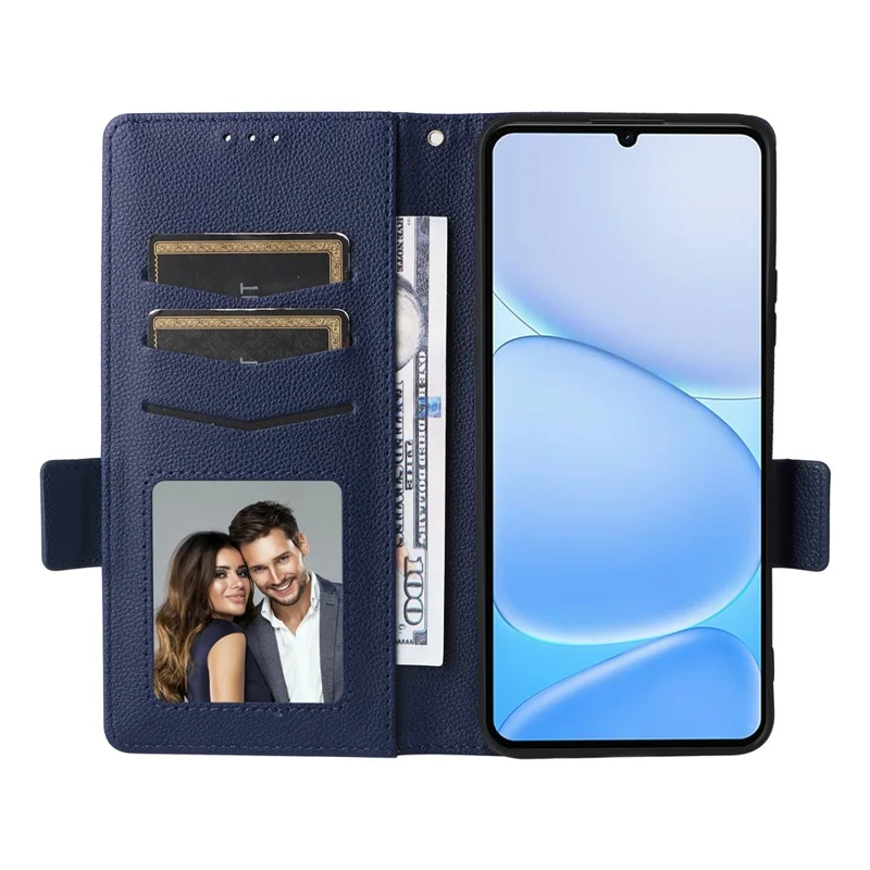 For Realme Note 80 4G Case Litchi Texture Wallet Leather Phone Cover with Wrist Strap - Dark Blue