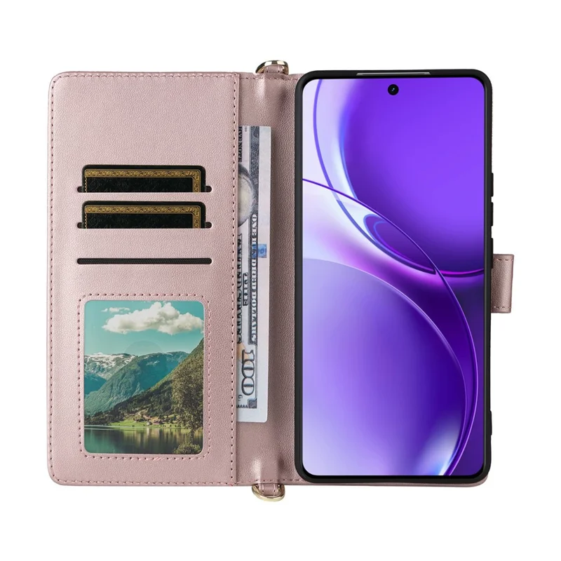 For Realme P4 Power 5G Leather Case Stand Wallet Phone Cover with Shoulder  /  Wrist Strap - Pink