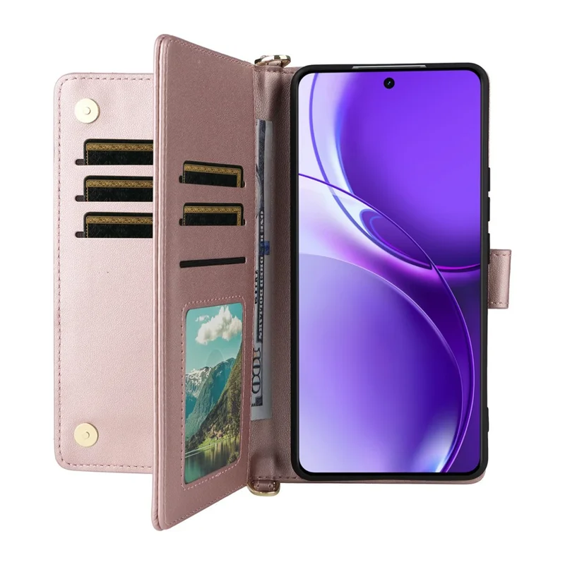 For Realme P4 Power 5G Leather Case Stand Wallet Phone Cover with Shoulder  /  Wrist Strap - Pink