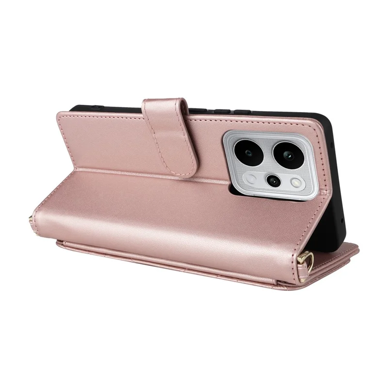 For Realme P4 Power 5G Leather Case Stand Wallet Phone Cover with Shoulder  /  Wrist Strap - Pink