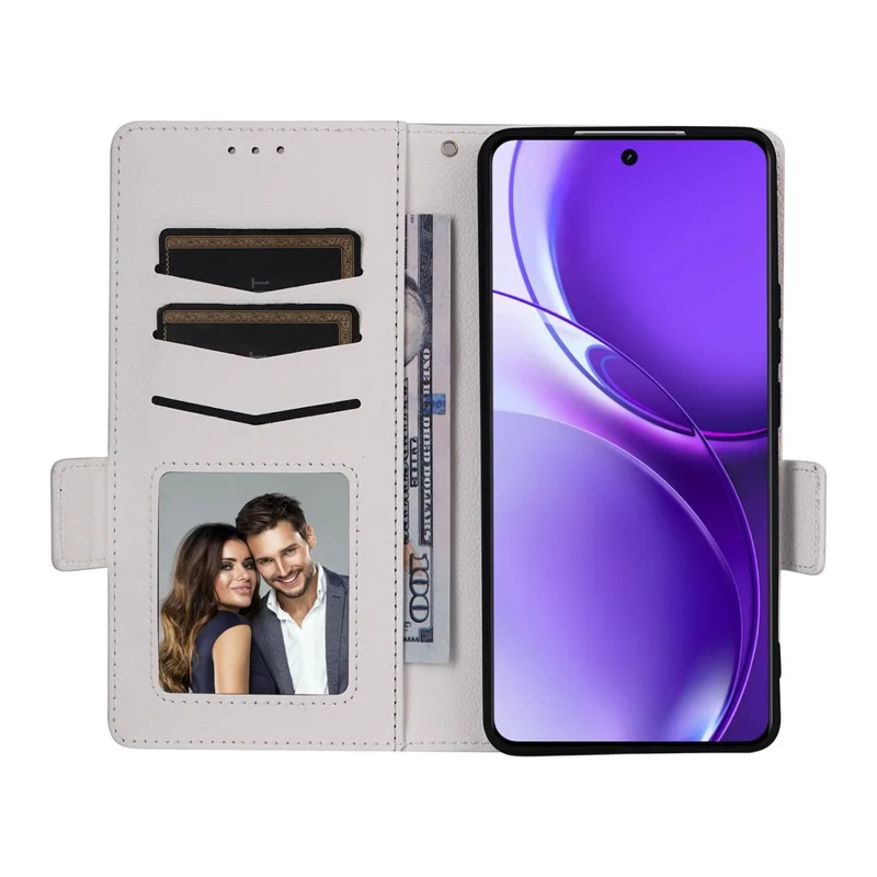 For Realme P4 Power 5G Case Litchi Texture Wallet Leather Phone Cover with Wrist Strap - White