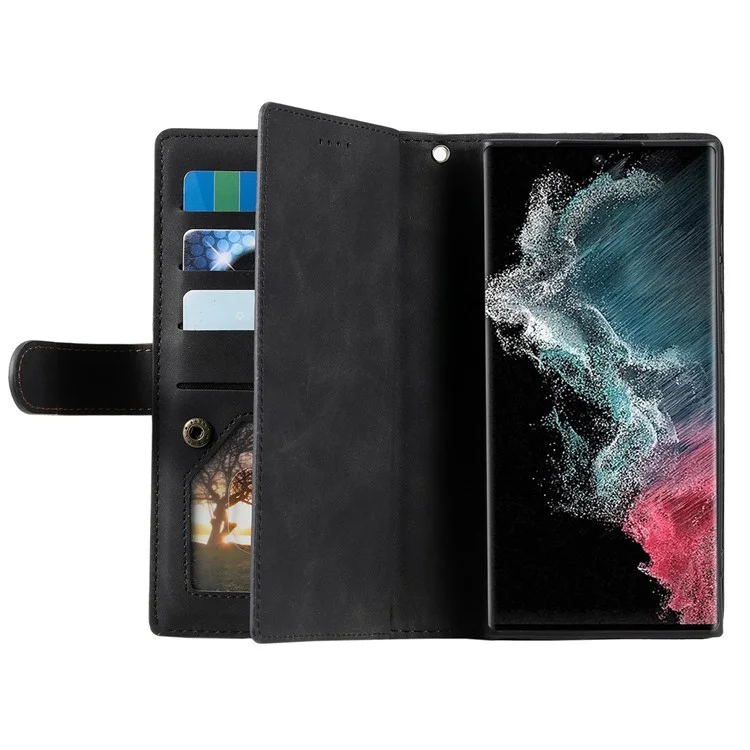 Para Samsung Galaxy S23 Ultra Zipper Pocket 9 Card Slots Design PU Leather Wallet Cover Foldable Stand Phone Drop-proof Case with Hand Strap - Black