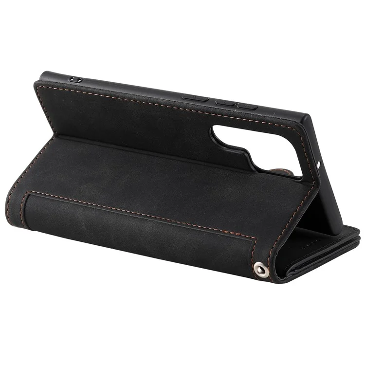 Para Samsung Galaxy S23 Ultra Zipper Pocket 9 Card Slots Design PU Leather Wallet Cover Foldable Stand Phone Drop-proof Case with Hand Strap - Black