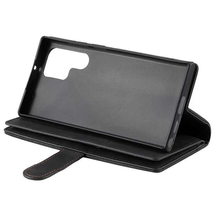 Para Samsung Galaxy S23 Ultra Zipper Pocket 9 Card Slots Design PU Leather Wallet Cover Foldable Stand Phone Drop-proof Case with Hand Strap - Black