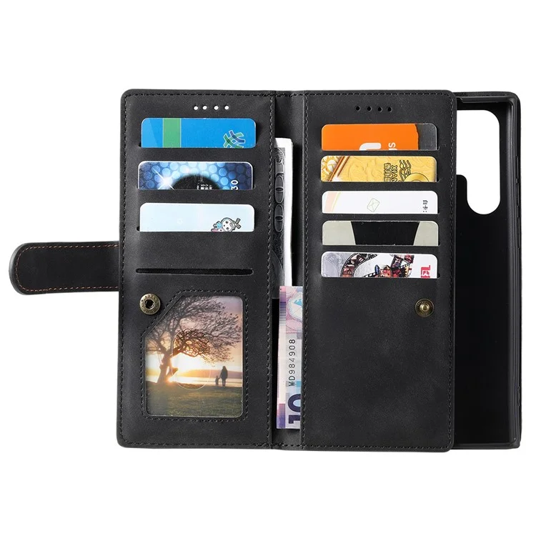 Para Samsung Galaxy S23 Ultra Zipper Pocket 9 Card Slots Design PU Leather Wallet Cover Foldable Stand Phone Drop-proof Case with Hand Strap - Black