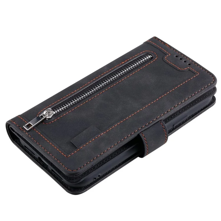 Para Samsung Galaxy S23 Ultra Zipper Pocket 9 Card Slots Design PU Leather Wallet Cover Foldable Stand Phone Drop-proof Case with Hand Strap - Black