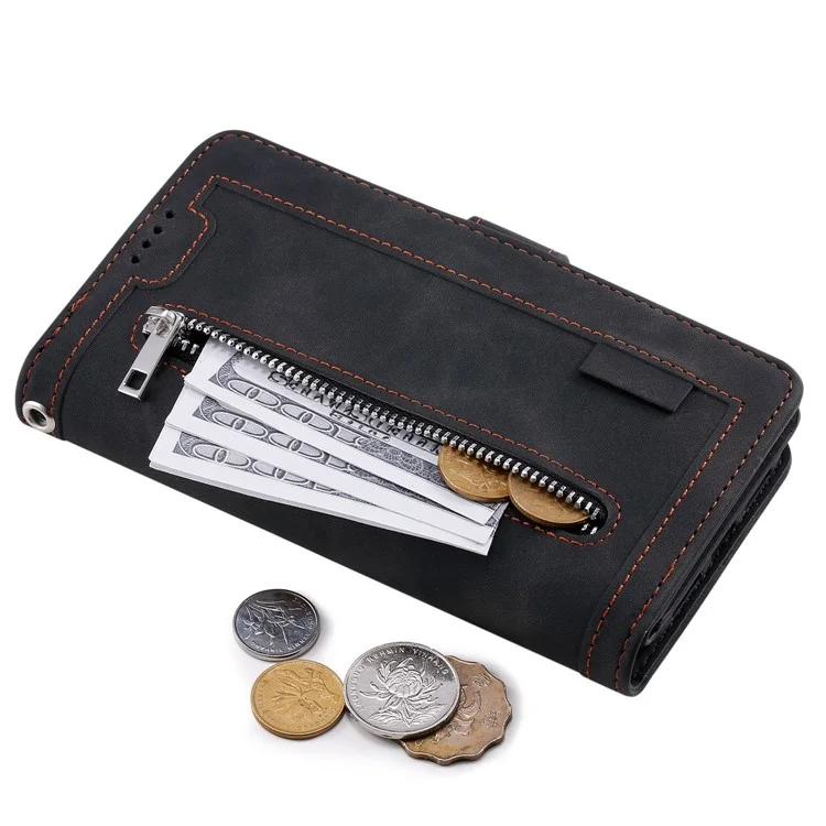 Para Samsung Galaxy S23 Ultra Zipper Pocket 9 Card Slots Design PU Leather Wallet Cover Foldable Stand Phone Drop-proof Case with Hand Strap - Black