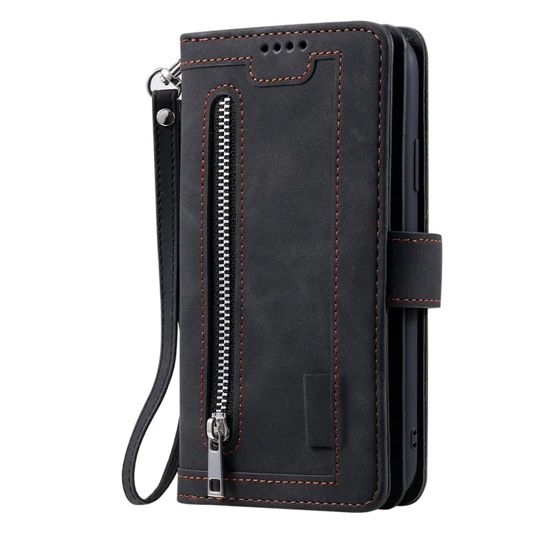 Para Samsung Galaxy S23 Ultra Zipper Pocket 9 Card Slots Design PU Leather Wallet Cover Foldable Stand Phone Drop-proof Case with Hand Strap - Black