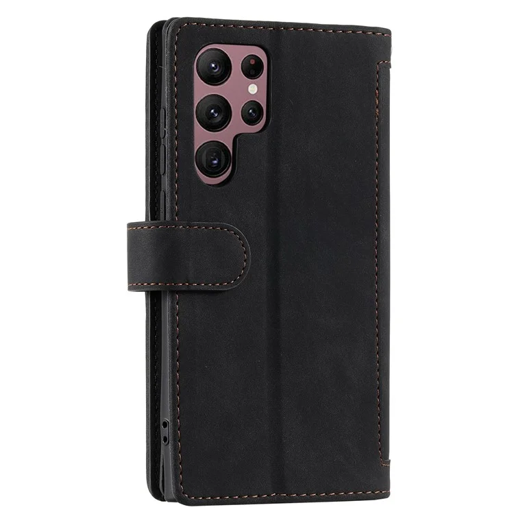 Para Samsung Galaxy S23 Ultra Zipper Pocket 9 Card Slots Design PU Leather Wallet Cover Foldable Stand Phone Drop-proof Case with Hand Strap - Black