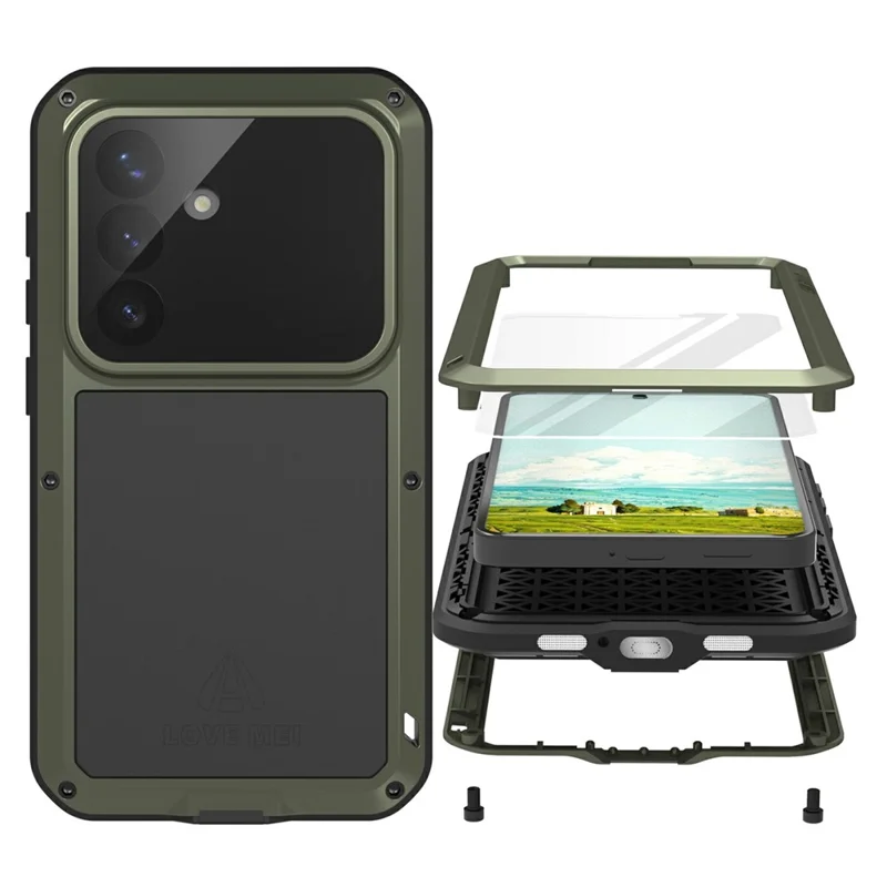 LOVE MEI чехол для Samsung Galaxy S26, металлический + силиконовый чехол для телефона с защитной пленкой из закаленного стекла — зеленый