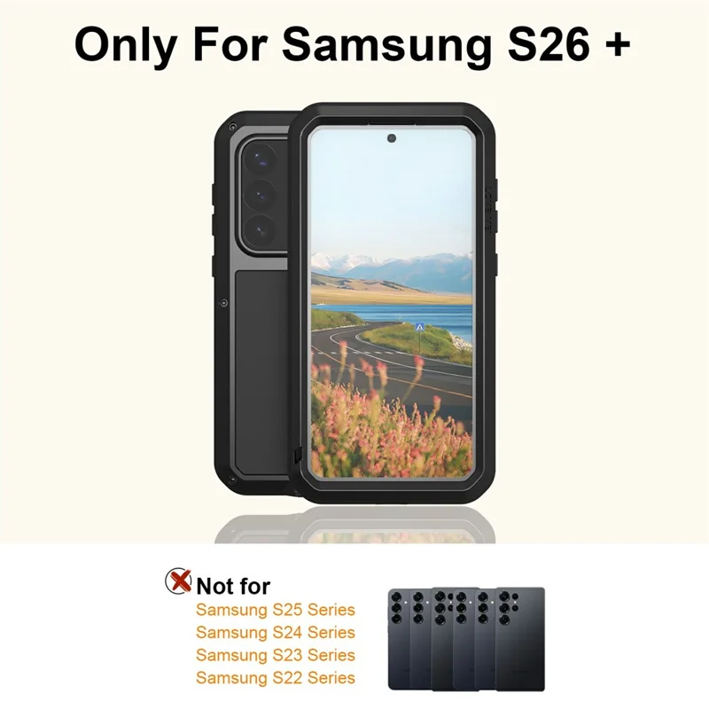 LOVE MEI For Samsung Galaxy S26+ Case Metal + Silicone Full Body Phone Cover with Tempered Glass Film - Black - 8