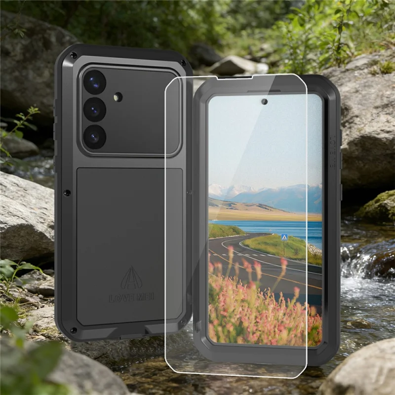 LOVE MEI For Samsung Galaxy S26+ Case Metal + Silicone Full Body Phone Cover with Tempered Glass Film - Black - 9