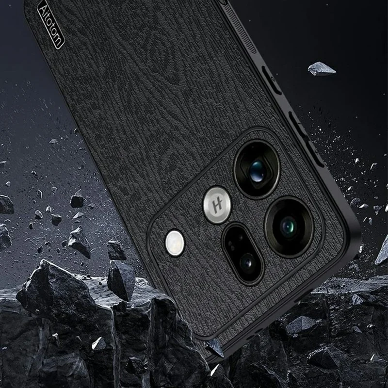 For Oppo Find X9s Pro 5G Case Wood Texture PU Leather Coated PC TPU Phone Cover - Black