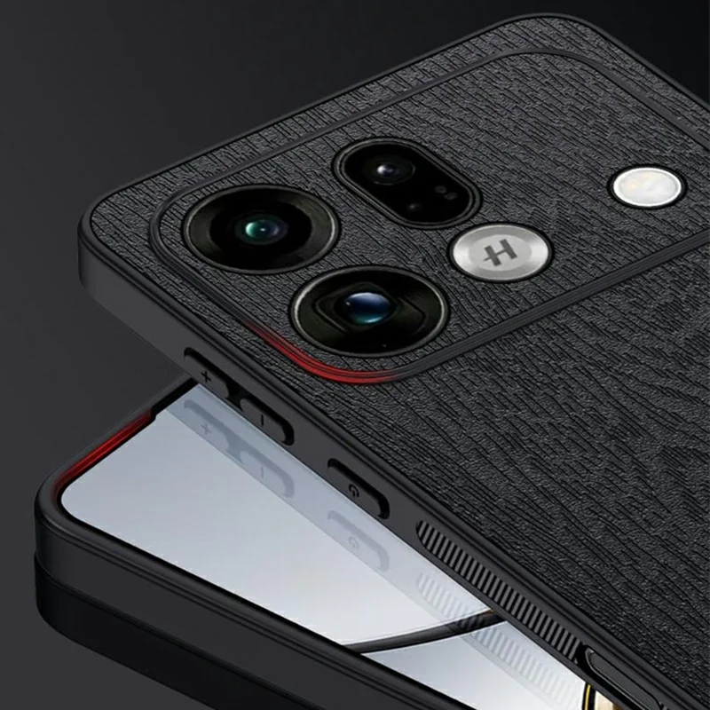 For Oppo Find X9s Pro 5G Case Wood Texture PU Leather Coated PC TPU Phone Cover - Black