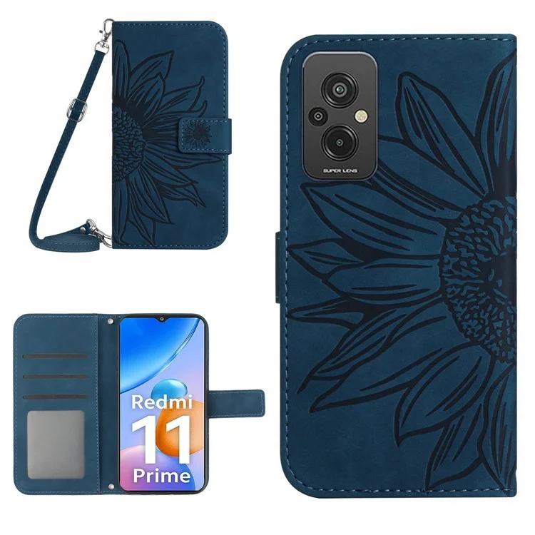 For Xiaomi Redmi 11 Prime 4G HT04 Sunflower Imprinted Flip Shell, PU Leather Wallet Case Stand Function Skin-touch Protective Phone Cover with Shoulder Strap - Dark Blue