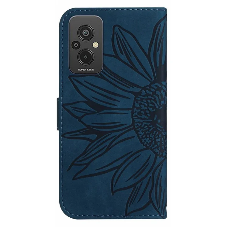 For Xiaomi Redmi 11 Prime 4G HT04 Sunflower Imprinted Flip Shell, PU Leather Wallet Case Stand Function Skin-touch Protective Phone Cover with Shoulder Strap - Dark Blue