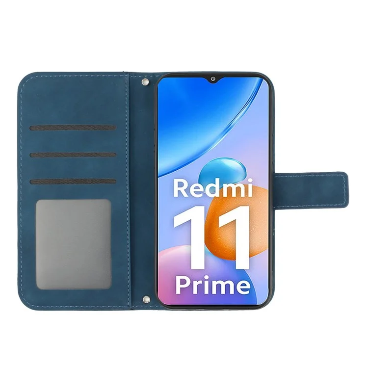 For Xiaomi Redmi 11 Prime 4G HT04 Sunflower Imprinted Flip Shell, PU Leather Wallet Case Stand Function Skin-touch Protective Phone Cover with Shoulder Strap - Dark Blue