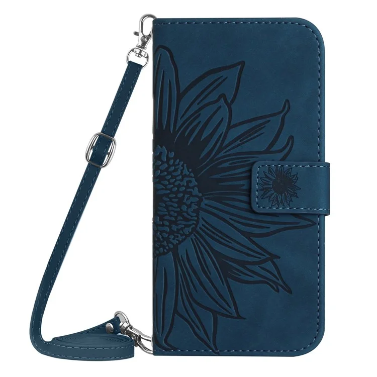 For Xiaomi Redmi 11 Prime 4G HT04 Sunflower Imprinted Flip Shell, PU Leather Wallet Case Stand Function Skin-touch Protective Phone Cover with Shoulder Strap - Dark Blue