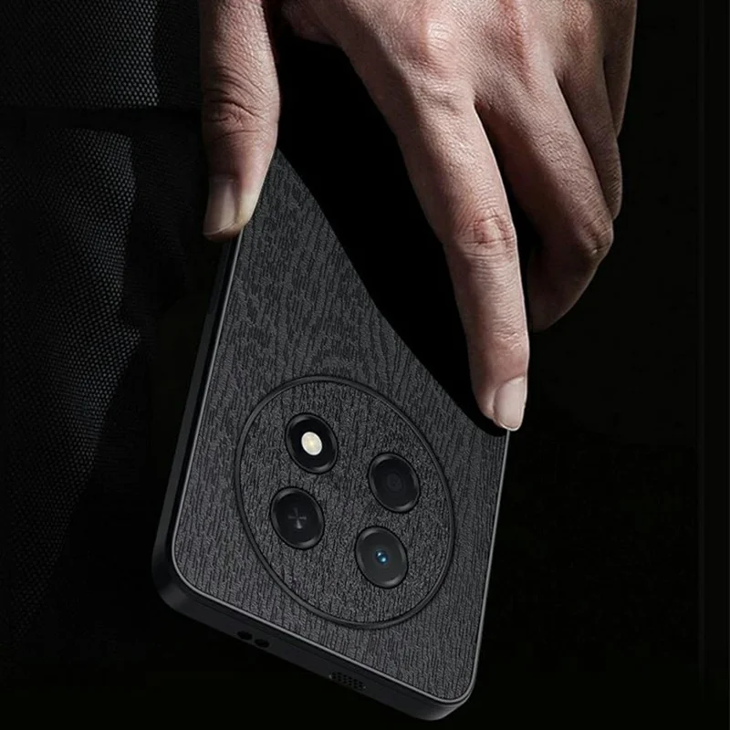For Huawei Enjoy 90 Pro Max Case Wood Texture PU Leather Coated PC TPU Phone Cover - Black