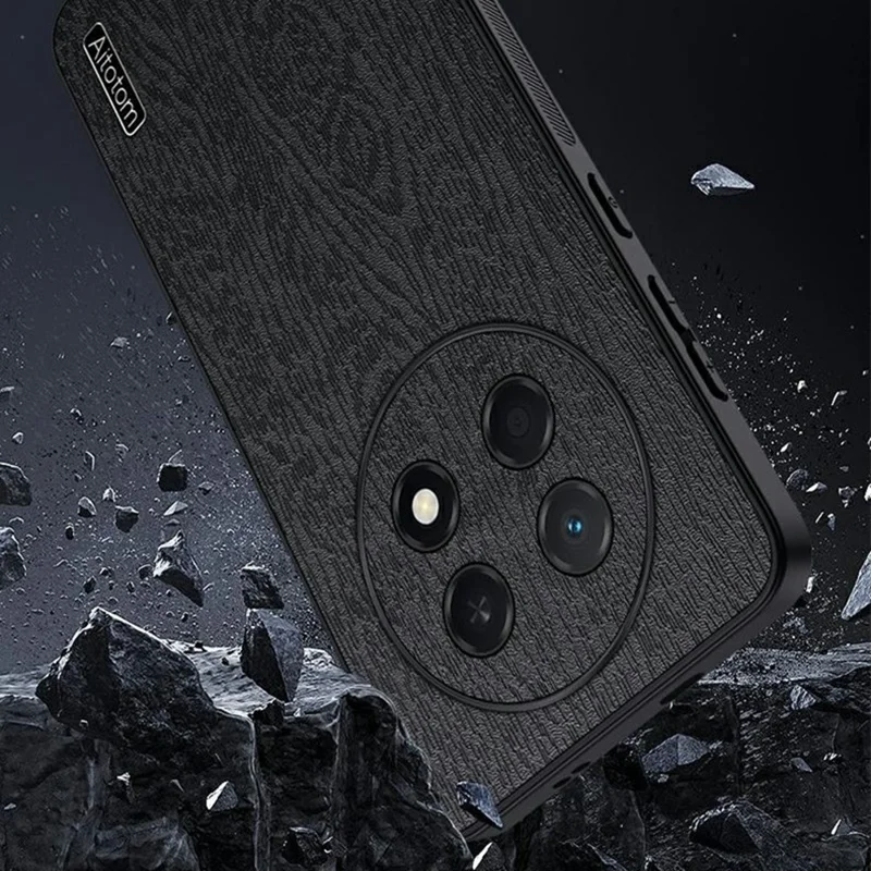 For Huawei Enjoy 90 Pro Max Case Wood Texture PU Leather Coated PC TPU Phone Cover - Black