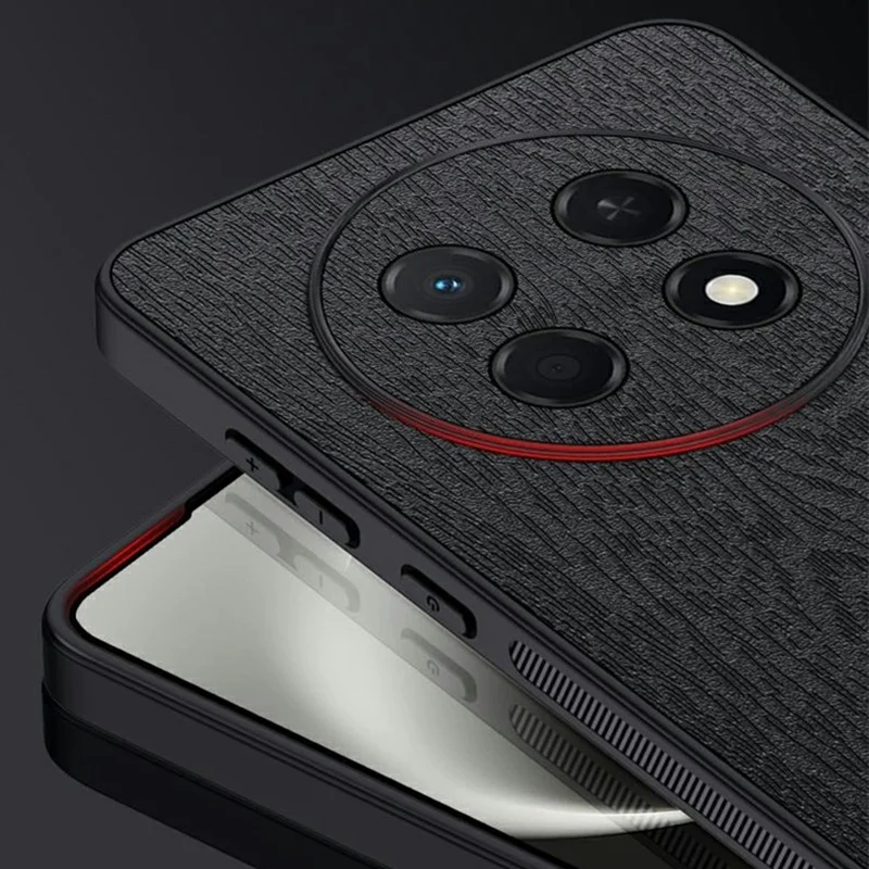 For Huawei Enjoy 90 Pro Max Case Wood Texture PU Leather Coated PC TPU Phone Cover - Black