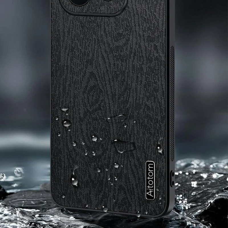 For Huawei Enjoy 90 Plus Case Wood Texture PU Leather Coated PC TPU Phone Cover - Black