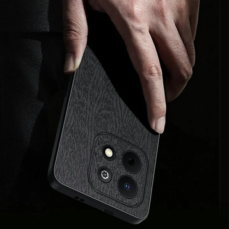 For Huawei Enjoy 90 Plus Case Wood Texture PU Leather Coated PC TPU Phone Cover - Black