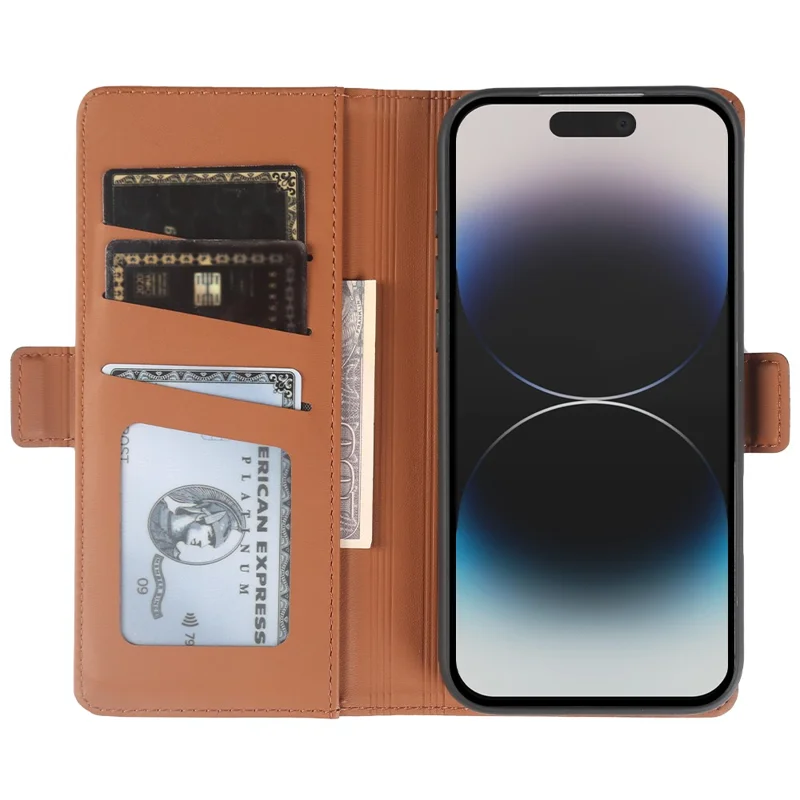 Funda tipo cartera de cuero para iPhone 14 Pro con soporte y cubierta táctil de TPU + PU - Marrón