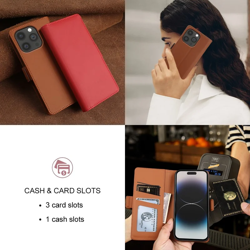 Funda tipo cartera de cuero para iPhone 14 Pro con soporte y cubierta táctil de TPU + PU - Marrón