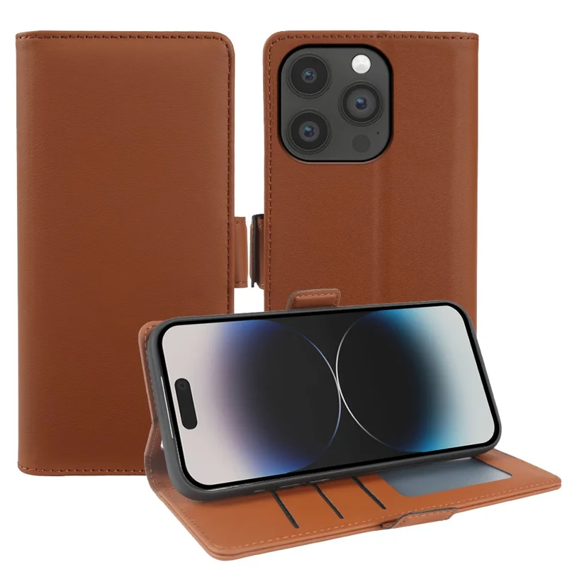 Capa Carteira em Pele para iPhone 14 Pro Max com Suporte e Capa TPU + PU, Cor Castanha