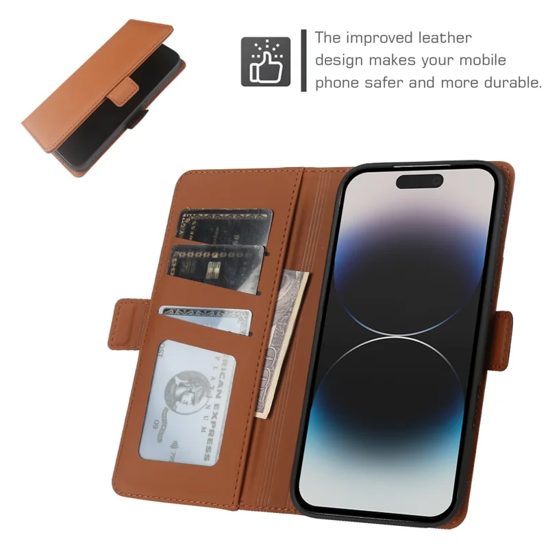 Capa Carteira em Pele para iPhone 14 Pro Max com Suporte e Capa TPU + PU, Cor Castanha
