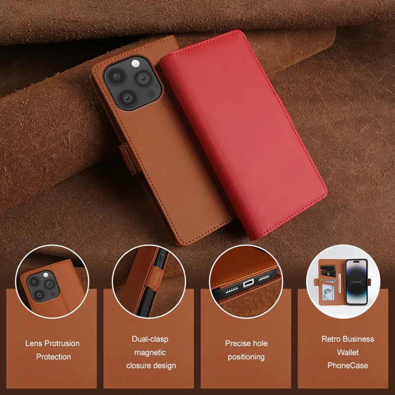 Capa Carteira em Pele para iPhone 14 Pro Max com Suporte e Capa TPU + PU, Cor Castanha