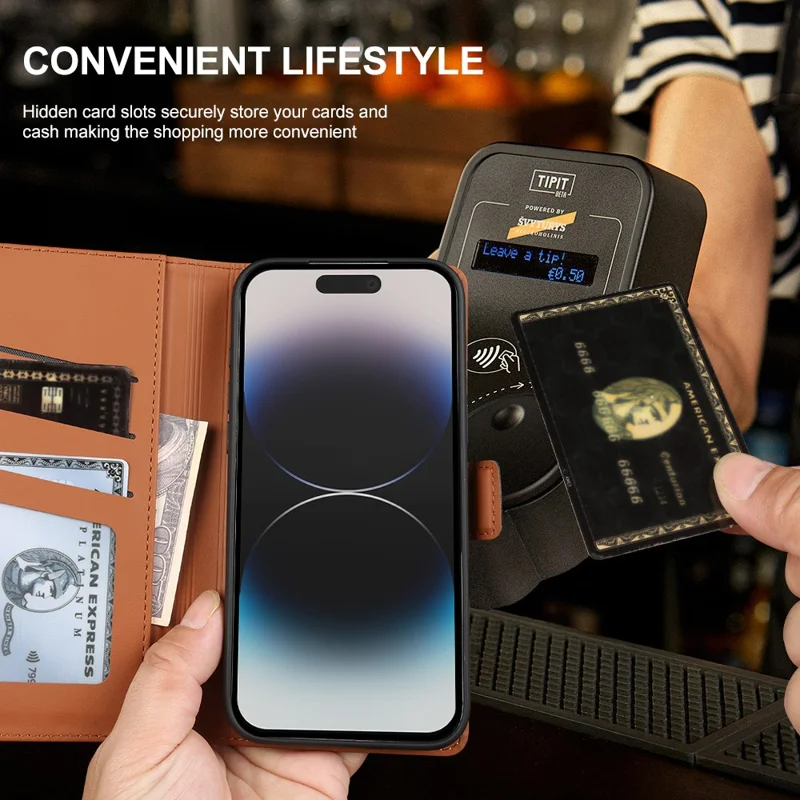 Capa Carteira em Pele para iPhone 14 Pro Max com Suporte e Capa TPU + PU, Cor Castanha
