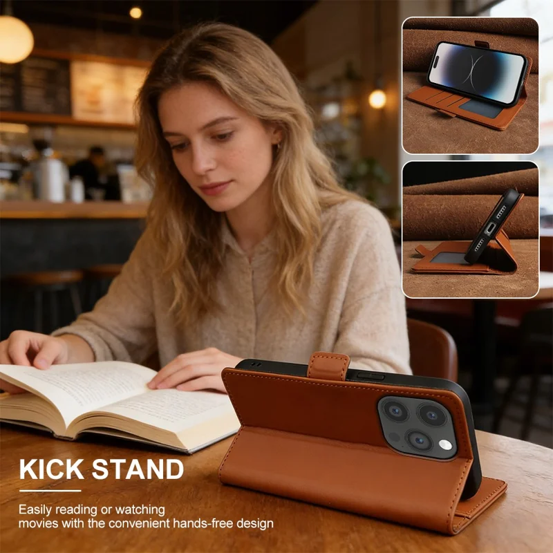 Capa Carteira em Pele para iPhone 14 Pro Max com Suporte e Capa TPU + PU, Cor Castanha