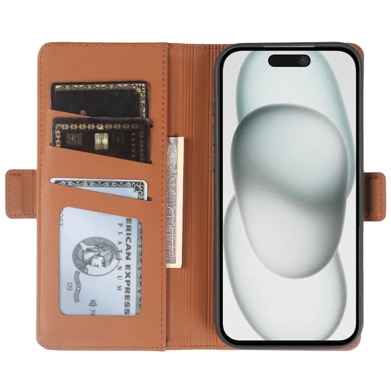 Voor iPhone 15 Leren Hoesje Portemonnee Stand TPU + PU Huid-aanraking Cover - Bruin