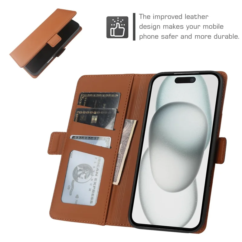 Voor iPhone 15 Leren Hoesje Portemonnee Stand TPU + PU Huid-aanraking Cover - Bruin