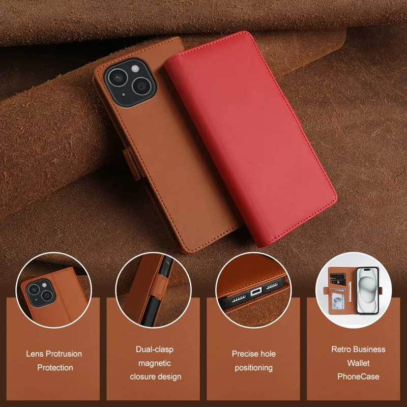 Voor iPhone 15 Leren Hoesje Portemonnee Stand TPU + PU Huid-aanraking Cover - Bruin
