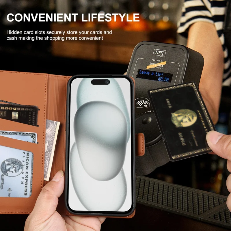 Voor iPhone 15 Leren Hoesje Portemonnee Stand TPU + PU Huid-aanraking Cover - Bruin