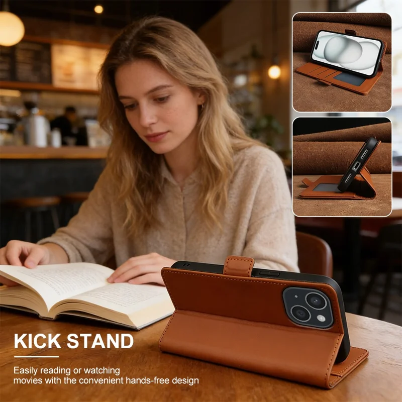 Voor iPhone 15 Leren Hoesje Portemonnee Stand TPU + PU Huid-aanraking Cover - Bruin
