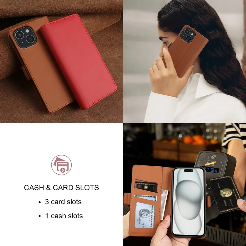 Voor iPhone 15 Leren Hoesje Portemonnee Stand TPU + PU Huid-aanraking Cover - Bruin