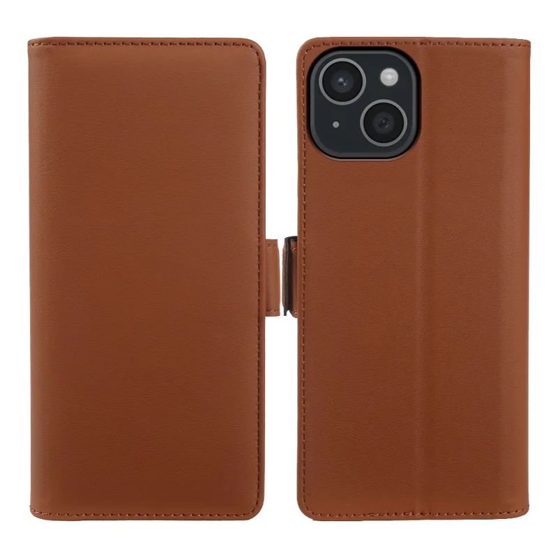 Voor iPhone 15 Leren Hoesje Portemonnee Stand TPU + PU Huid-aanraking Cover - Bruin