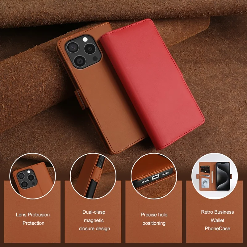 For iPhone 15 Pro Leather Case Wallet Stand TPU + PU Skin-touch Cover - Brown