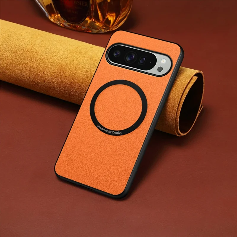 DENIOR A08+1 til Google Pixel 10 Pro XL Magnetisk Taske Kalvlæderstruktur + PC + TPU Telefonbeskyttelse - Orange