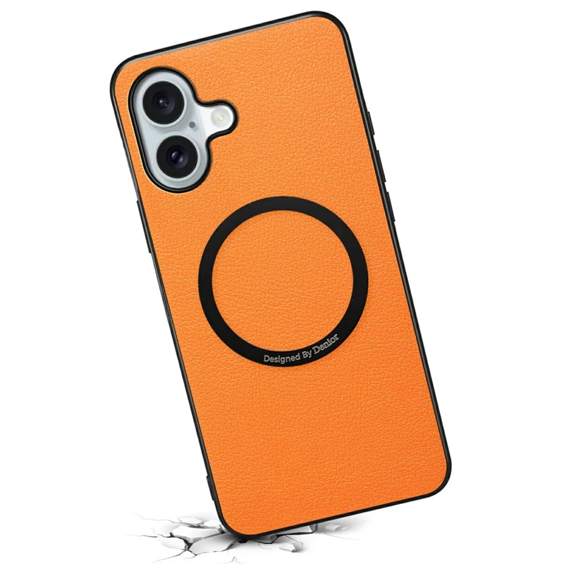 DENIOR A08+1 For iPhone 17 Magnetic Case Calf Texture Leather +  PC +  TPU Phone Cover - Orange