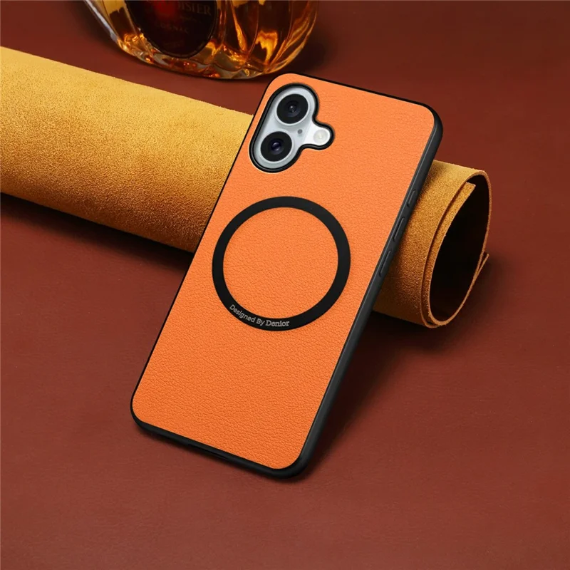DENIOR A08+1 For iPhone 17 Magnetic Case Calf Texture Leather +  PC +  TPU Phone Cover - Orange