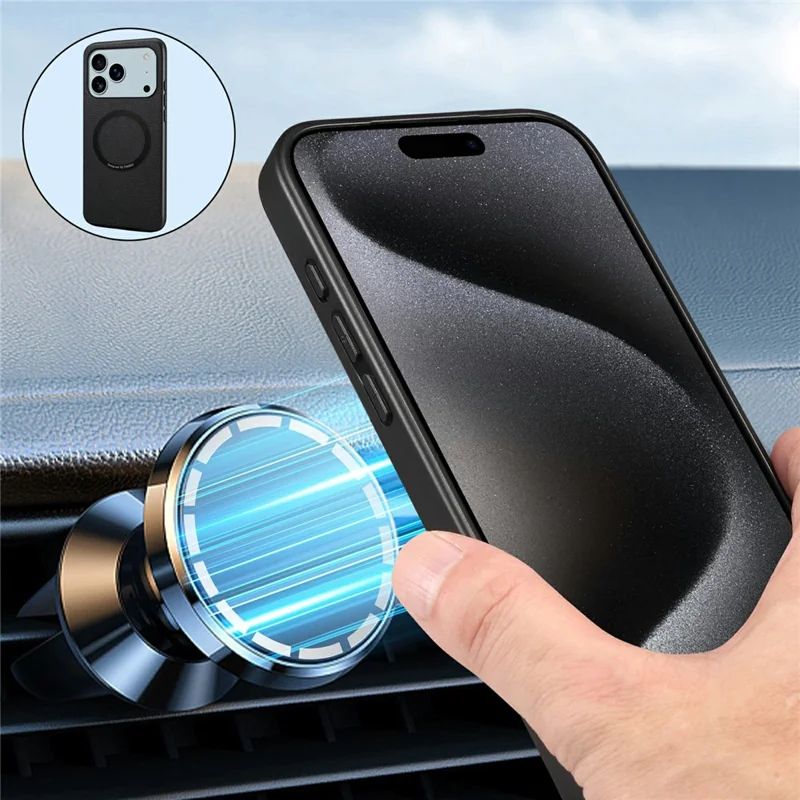DENIOR A08+1 til iPhone 17 Pro Magnetisk Taske Kalvlæderstruktur + PC + TPU Telefonbeskyttelse - Sort